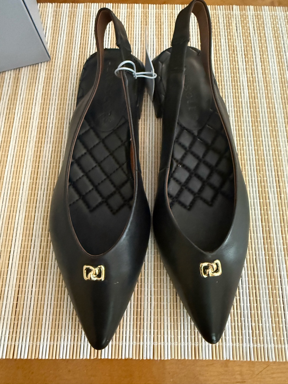 AEROSOLES Black Pointed Slingback Flats with Gold Accent